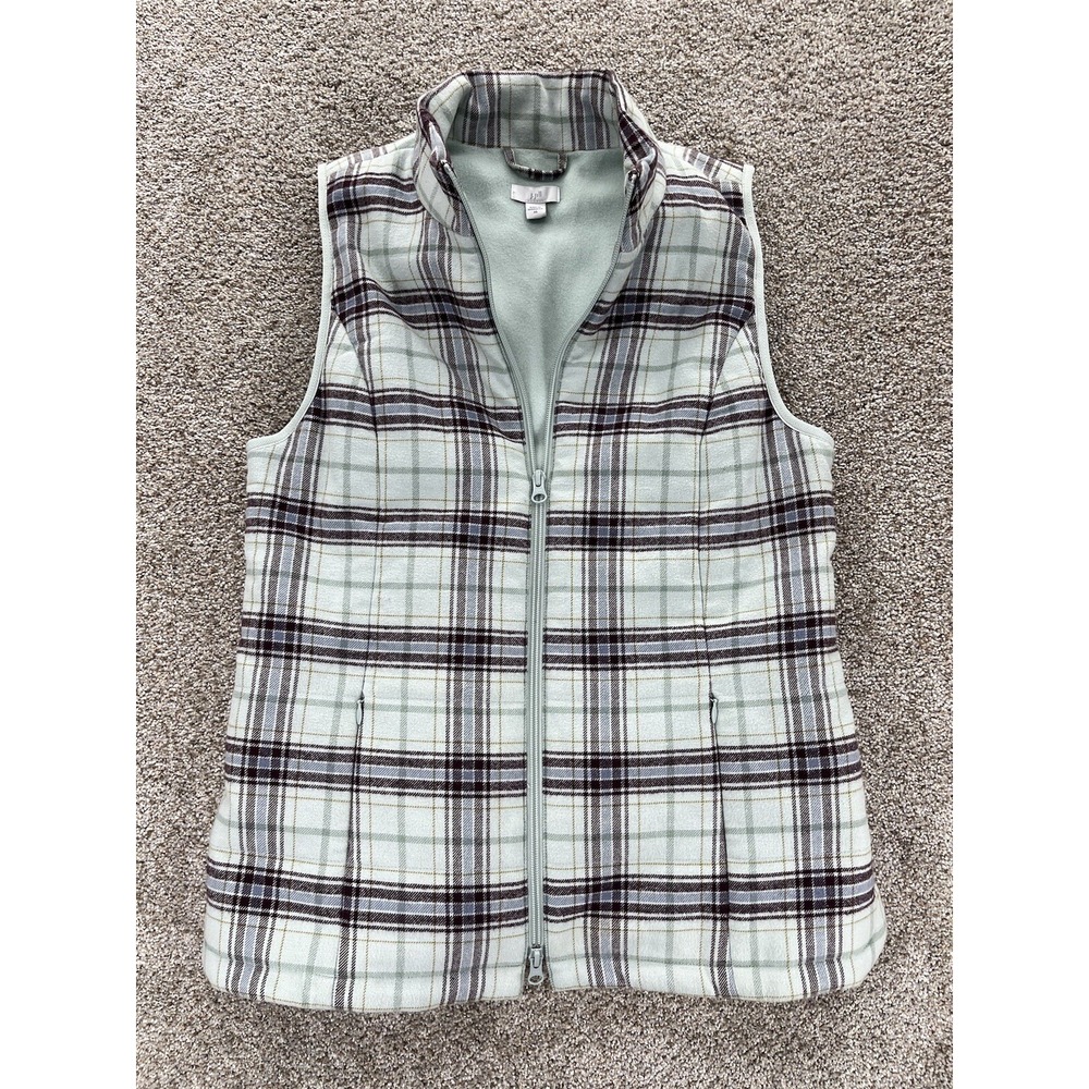 J.Jill Flannel Puffer Vest Womens XS Green Plaid 2-Way Zip‎ Cotton Fleece Lined